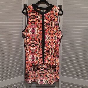 Nicole Miller Black and Pink Floral Hi-Lo Tunic Blouse- Size XL